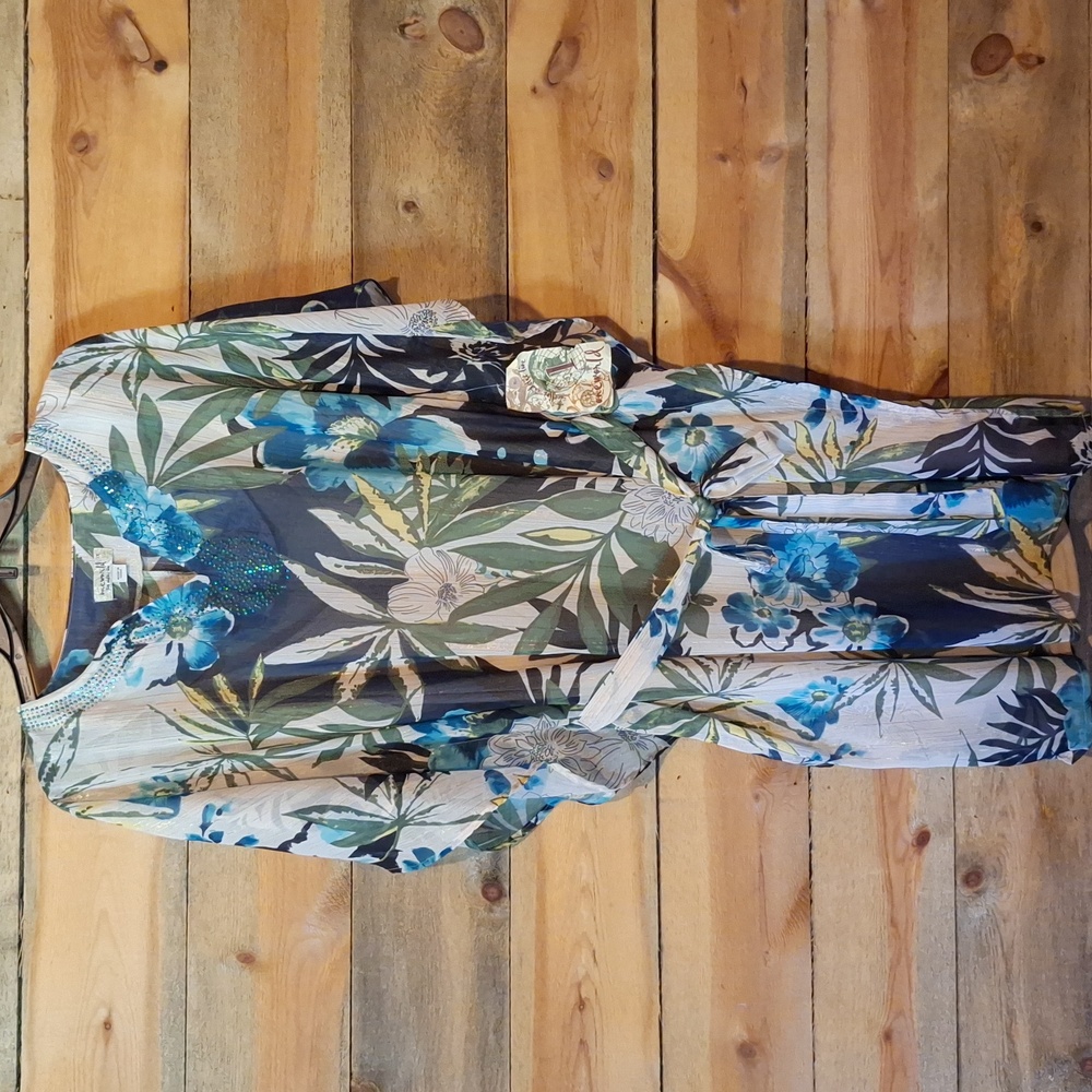 One World Blue and Green Floral Tunic Kaftan Dress